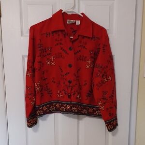 Chico's Sz 1 (M) Deep Red, Silk Embroidered Jacket/blouse. Asian Inspired